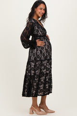 Black Floral Lace Long Sleeve V-Neck Maternity Maxi Dress