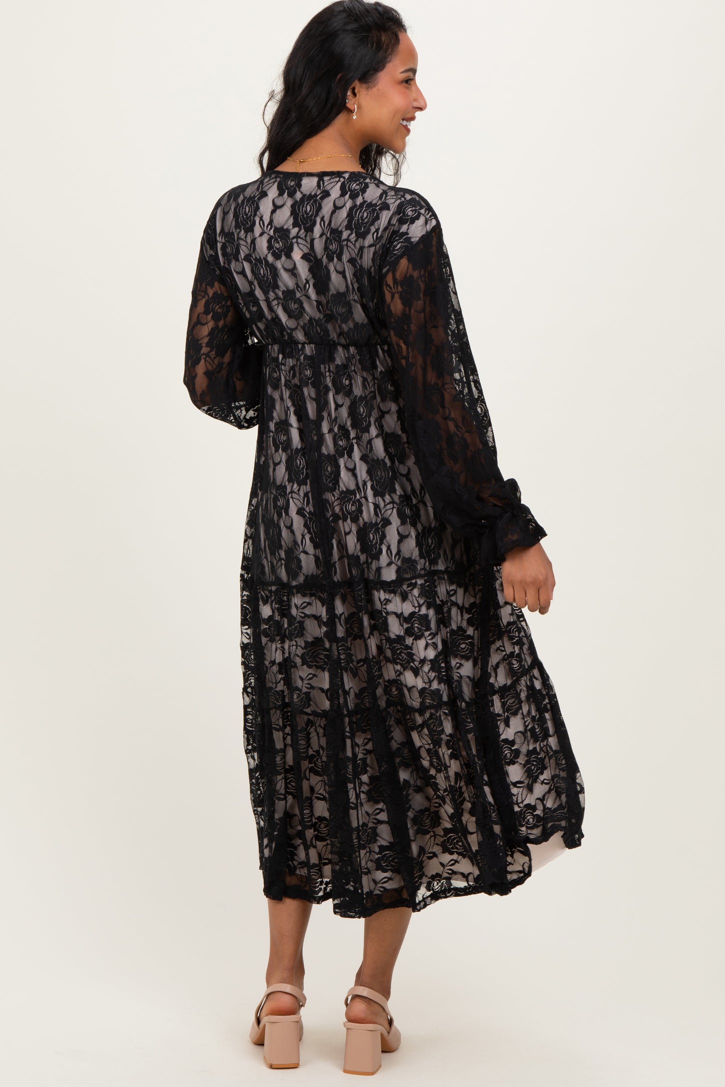 Black Floral Lace Long Sleeve V-Neck Maternity Maxi Dress