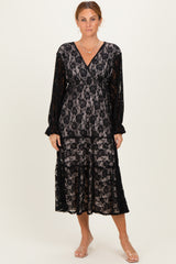 Black Floral Lace Long Sleeve V-Neck Maxi Dress