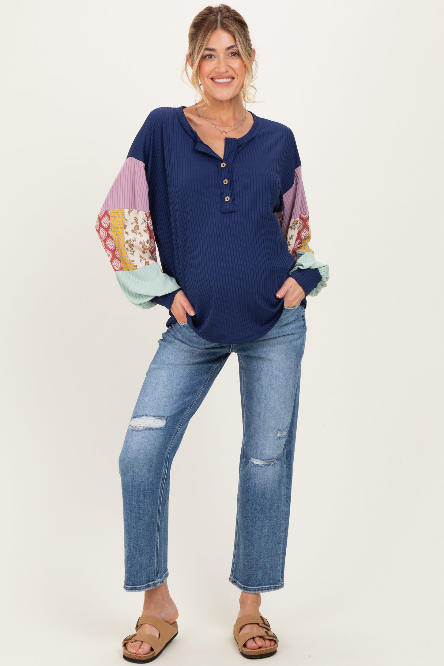 Navy Ribbed Long Sleeve Colorblock Maternity Top