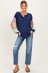 Navy Ribbed Long Sleeve Colorblock Maternity Top