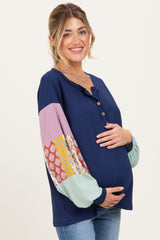 Navy Ribbed Long Sleeve Colorblock Maternity Top