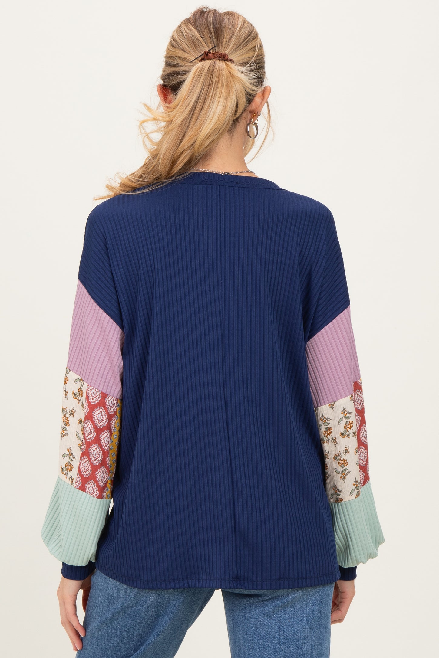 Navy Ribbed Long Sleeve Colorblock Maternity Top