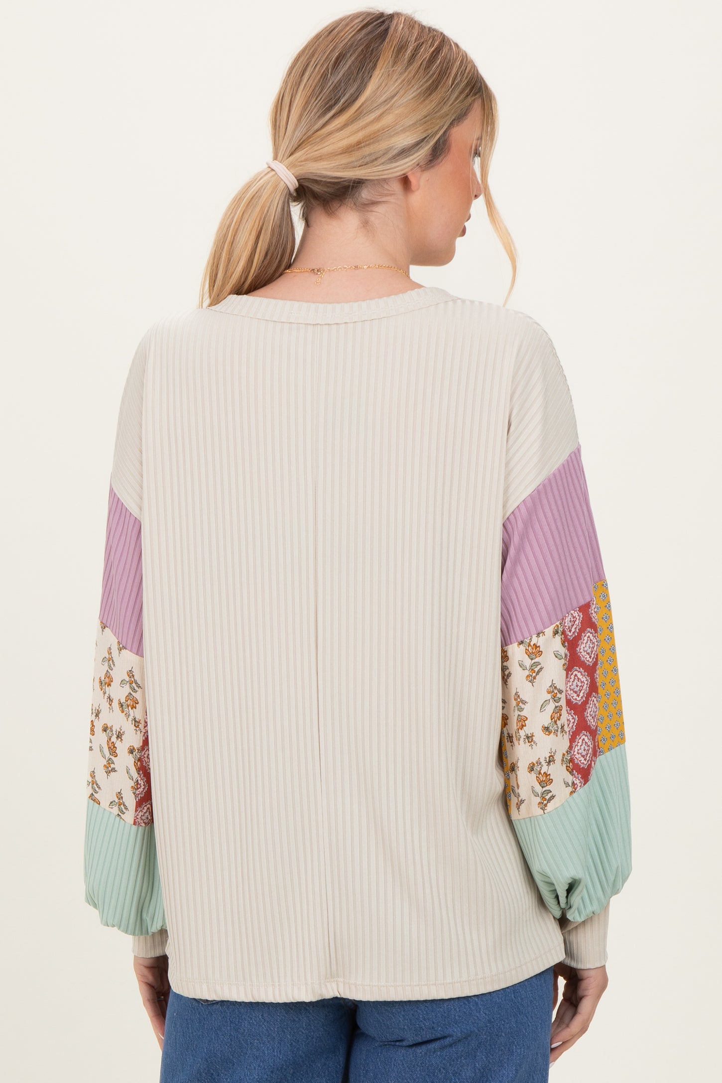 Taupe Ribbed Long Sleeve Colorblock Top