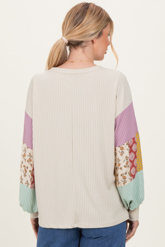 Taupe Ribbed Long Sleeve Colorblock Top