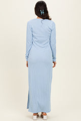Light Blue Ribbed Long Sleeve Side Slit Maxi Dress