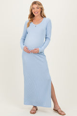 Light Blue Ribbed Long Sleeve Side Slit Maternity Maxi Dress