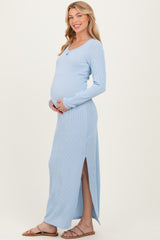 Light Blue Ribbed Long Sleeve Side Slit Maternity Maxi Dress