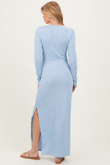 Light Blue Ribbed Long Sleeve Side Slit Maternity Maxi Dress