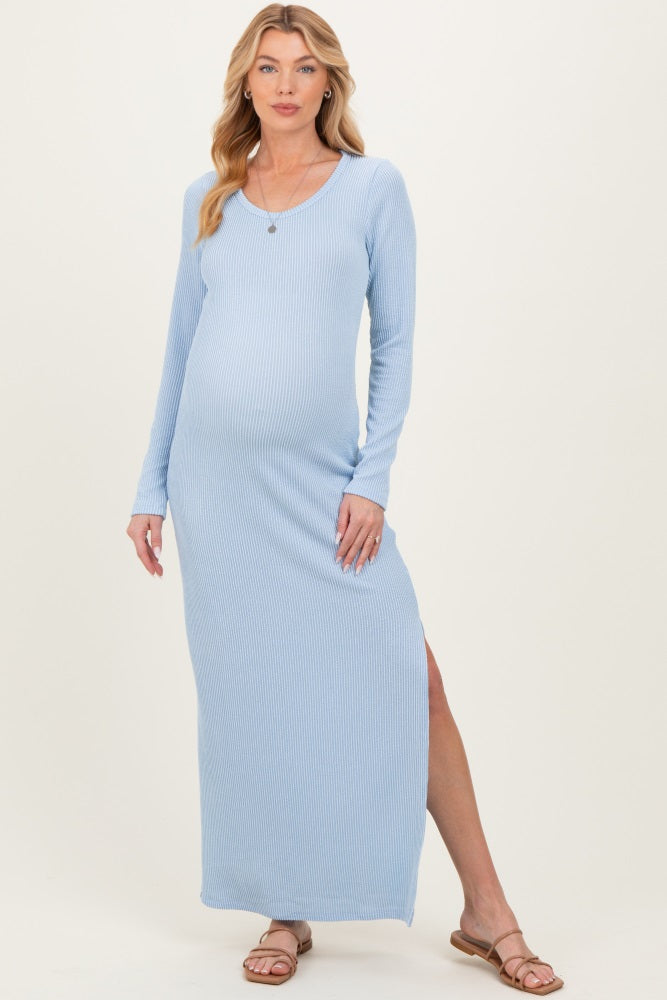 Light Blue Ribbed Long Sleeve Side Slit Maternity Maxi Dress