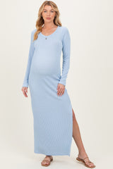Light Blue Ribbed Long Sleeve Side Slit Maternity Maxi Dress