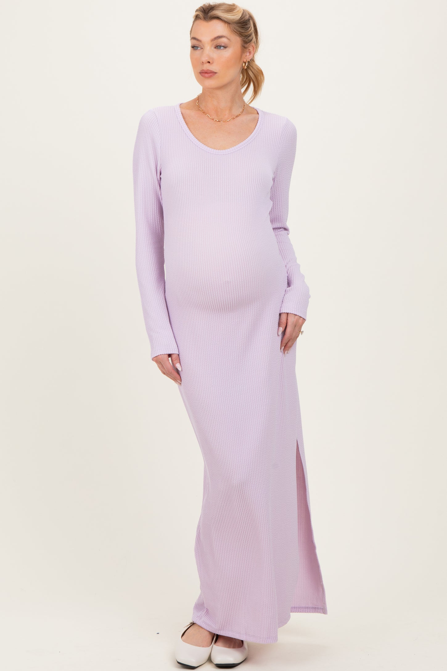 Lavender Ribbed Long Sleeve Side Slit Maternity Maxi Dress