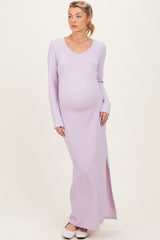 Lavender Ribbed Long Sleeve Side Slit Maternity Maxi Dress