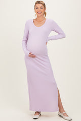 Lavender Ribbed Long Sleeve Side Slit Maternity Maxi Dress