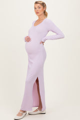 Lavender Ribbed Long Sleeve Side Slit Maternity Maxi Dress