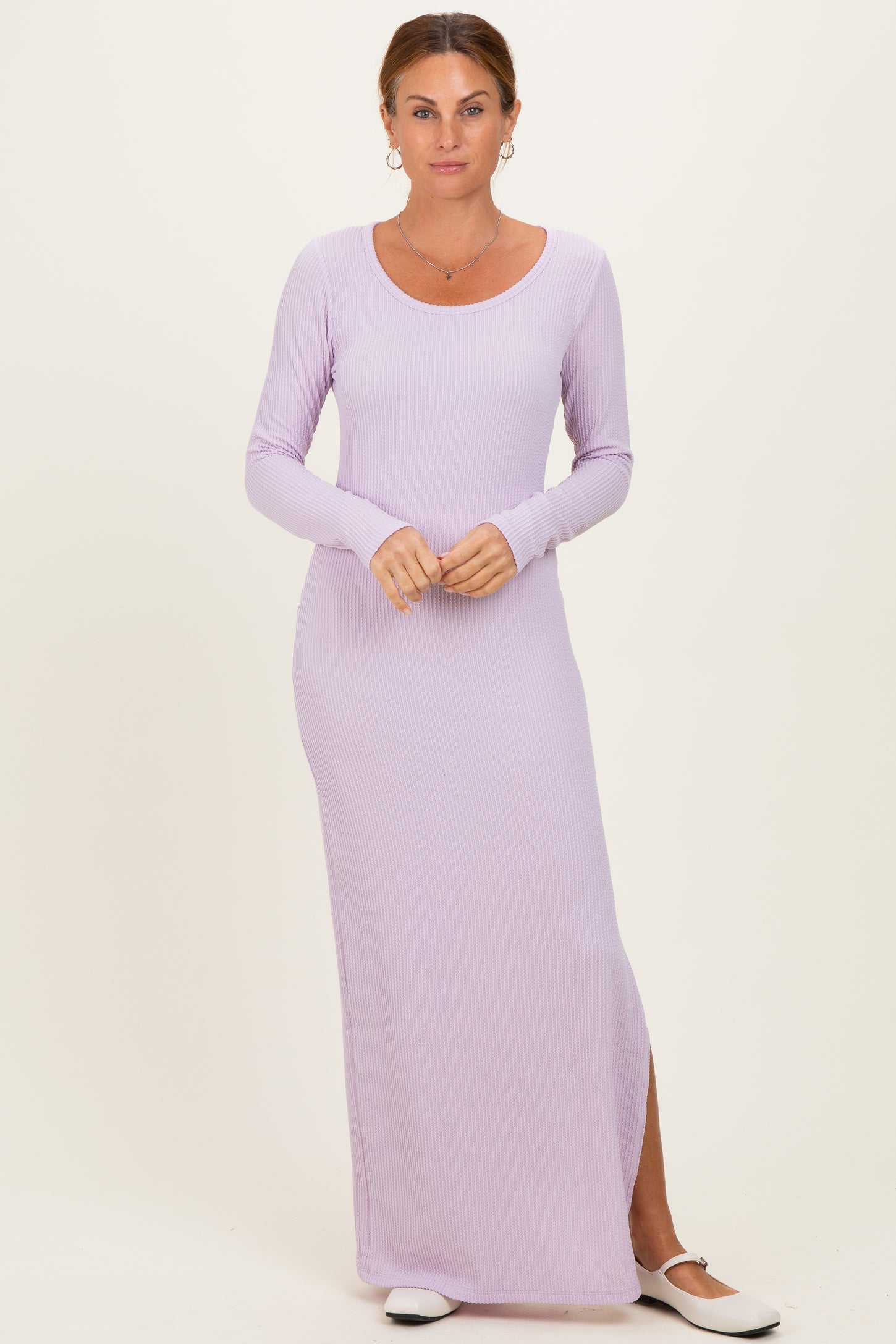 Lavender Ribbed Long Sleeve Side Slit Maxi Dress
