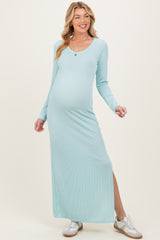 Mint Ribbed Long Sleeve Side Slit Maternity Maxi Dress