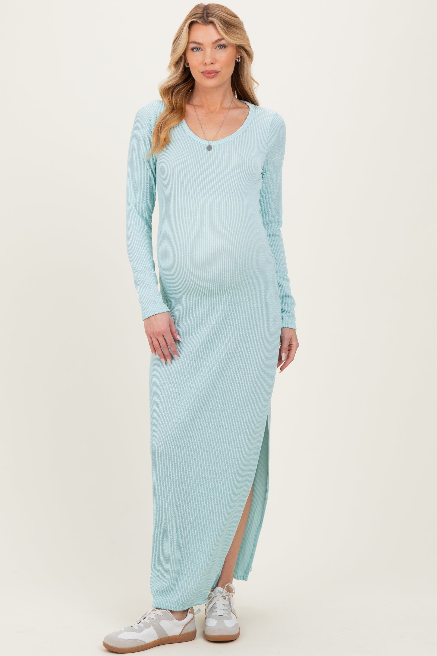 Mint Ribbed Long Sleeve Side Slit Maternity Maxi Dress