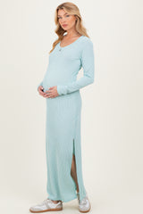Mint Ribbed Long Sleeve Side Slit Maternity Maxi Dress