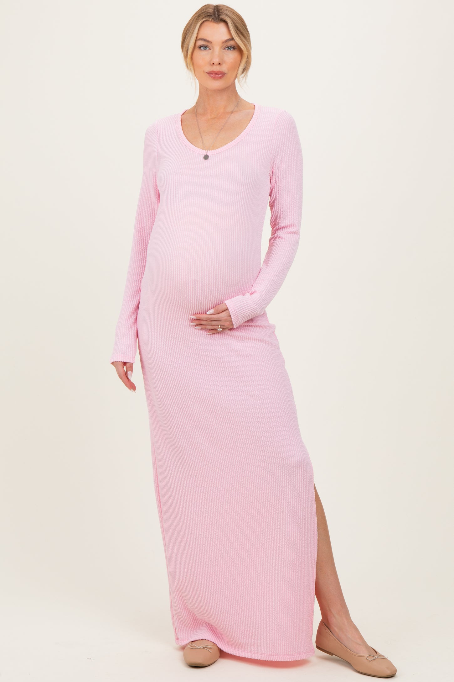 Light Pink Ribbed Long Sleeve Side Slit Maternity Maxi Dress – PinkBlush