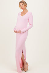 Light Pink Ribbed Long Sleeve Side Slit Maternity Maxi Dress