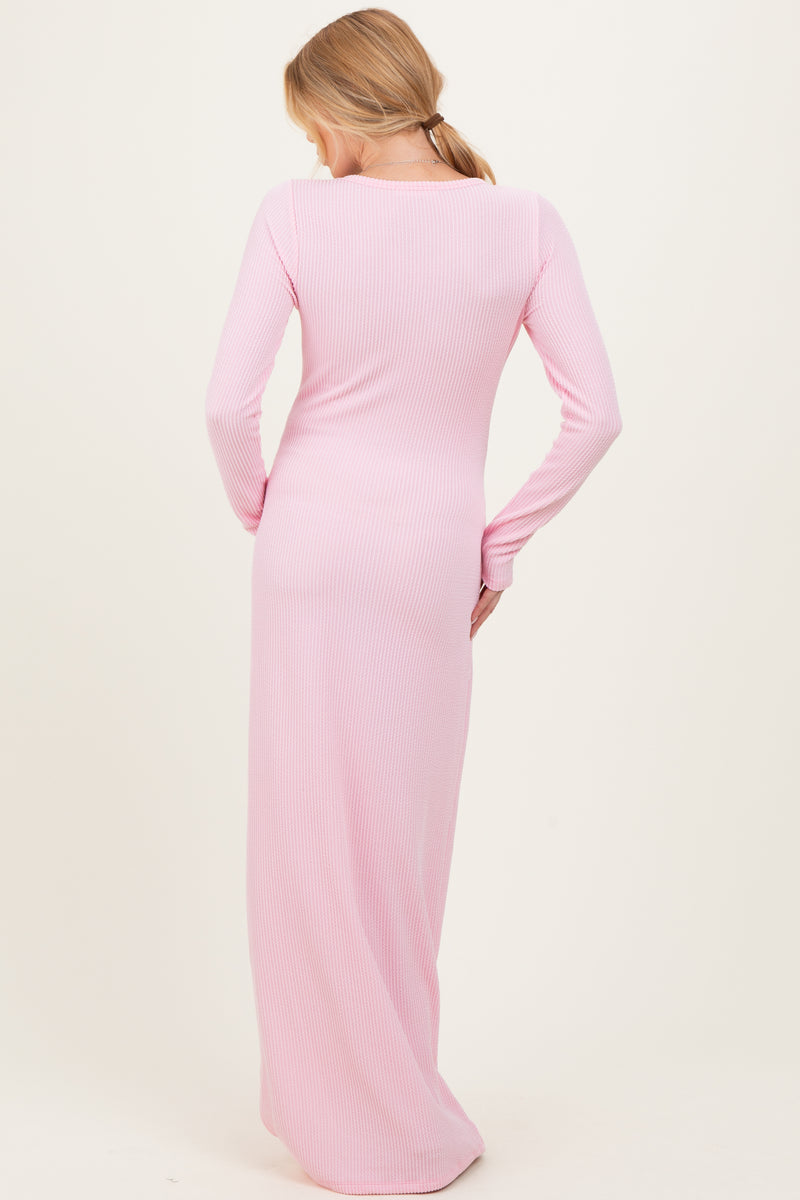 mock neck long sleeve mumu dress pink Light Pink Ribbed Long Sleeve Side Slit Maternity Maxi Dress – PinkBlush