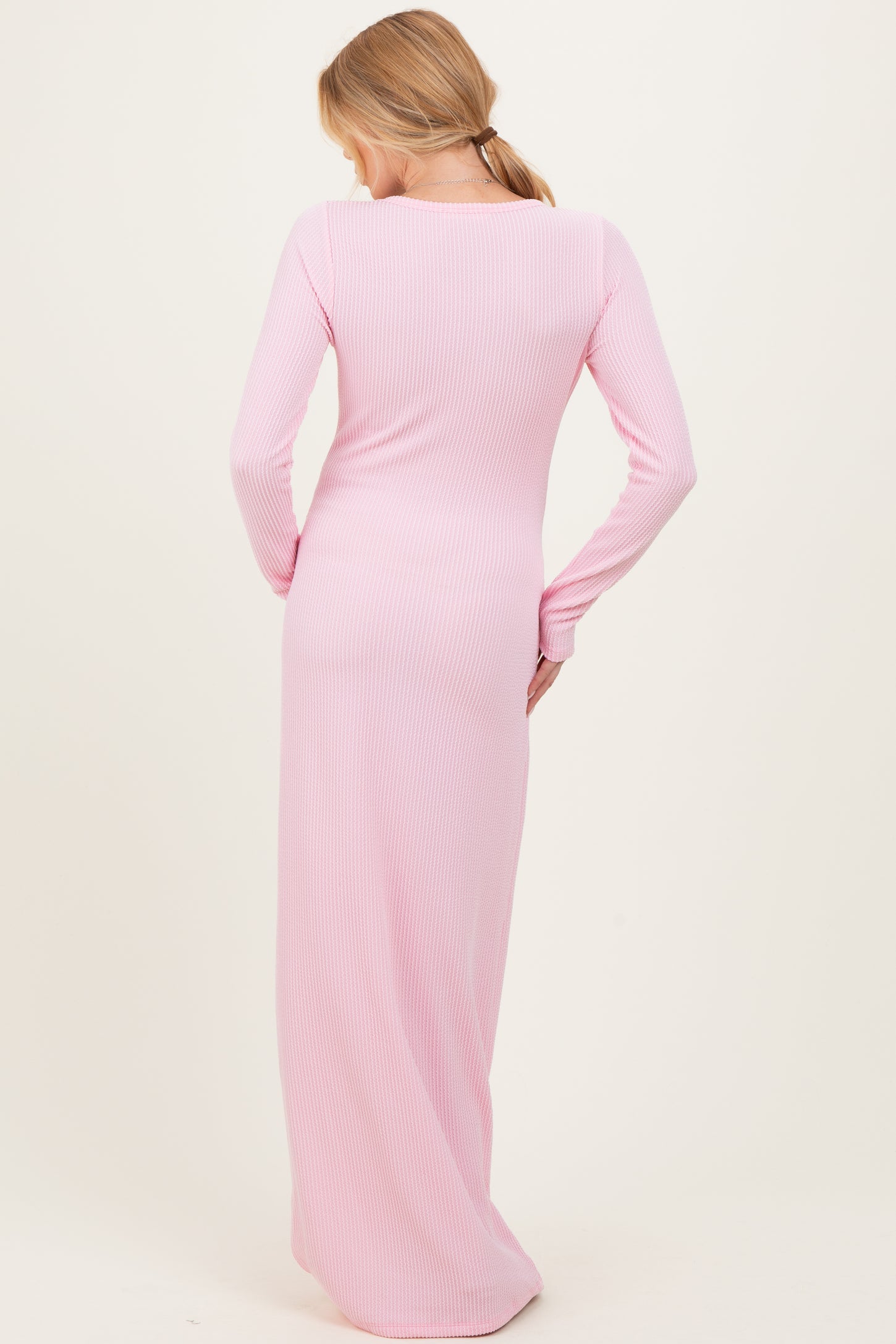 Light Pink Ribbed Long Sleeve Side Slit Maternity Maxi Dress