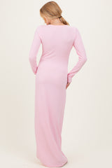 Light Pink Ribbed Long Sleeve Side Slit Maternity Maxi Dress