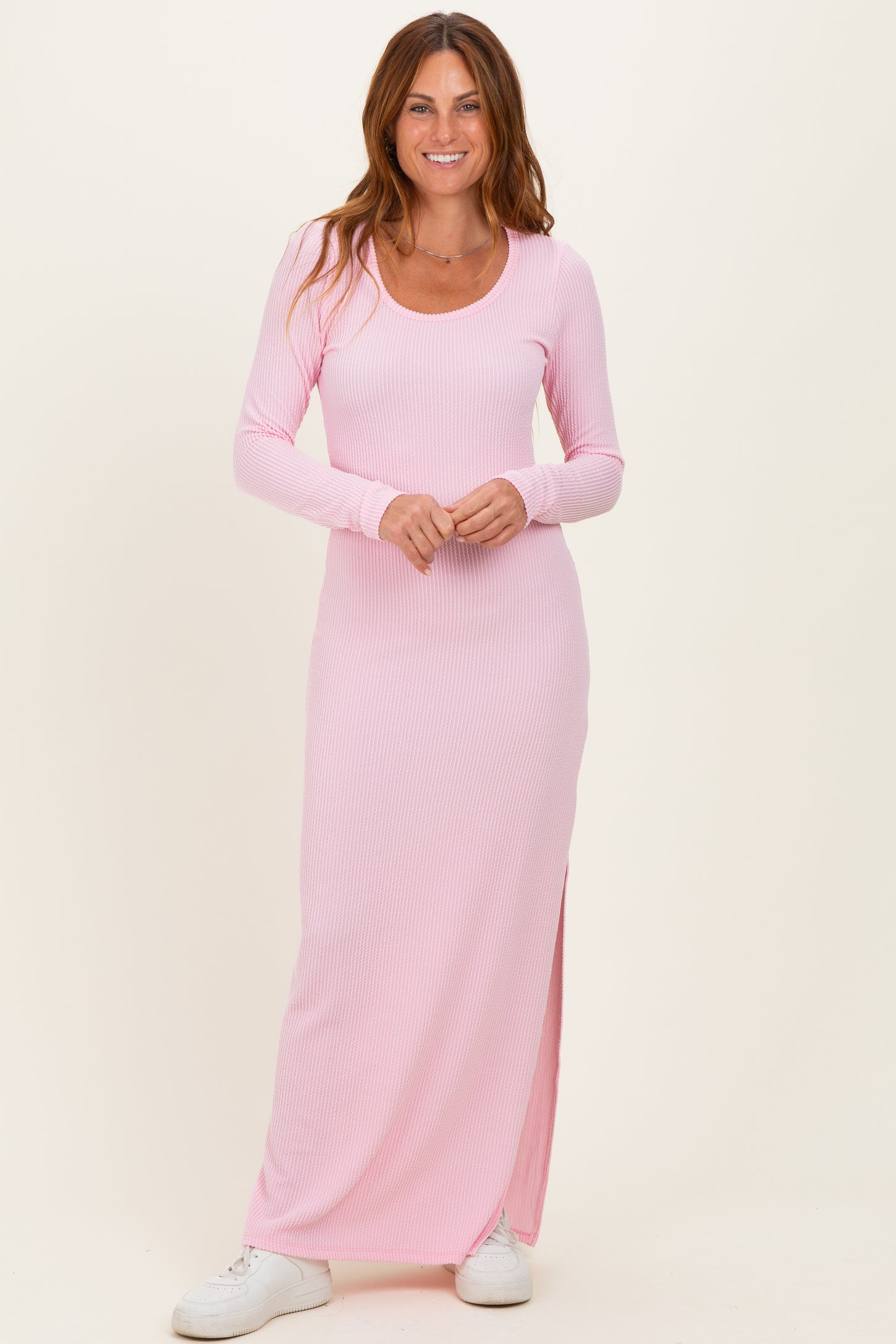 Light Pink Ribbed Long Sleeve Side Slit Maternity Maxi Dress
