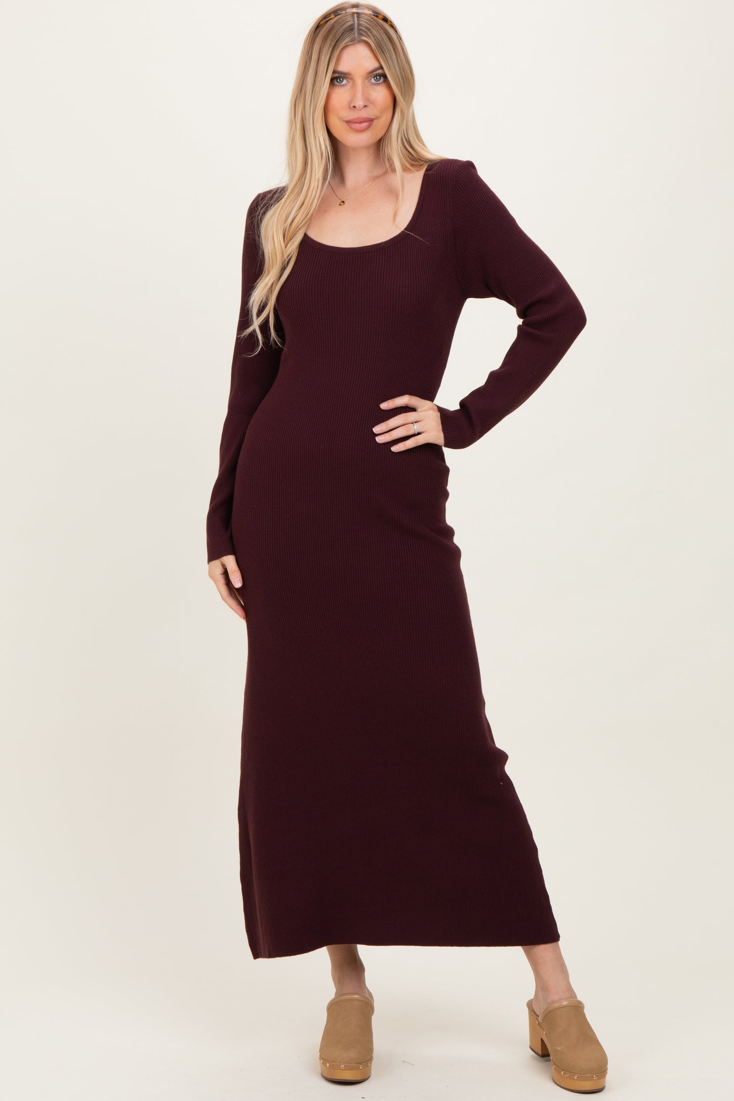Plum Rib Knit Back Cutout Midi Dress