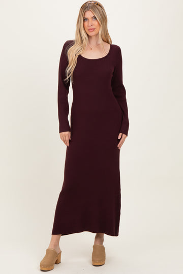 Plum Rib Knit Back Cutout Midi Dress