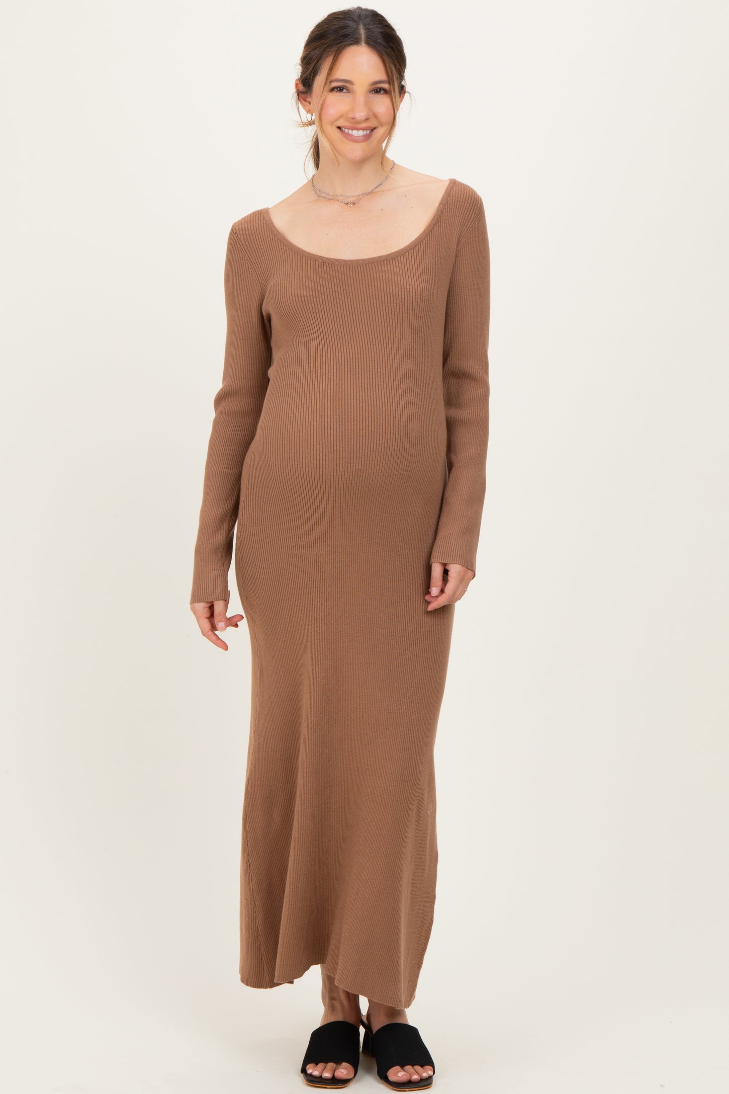 Mocha Rib Knit Back Cutout Maternity Midi Dress