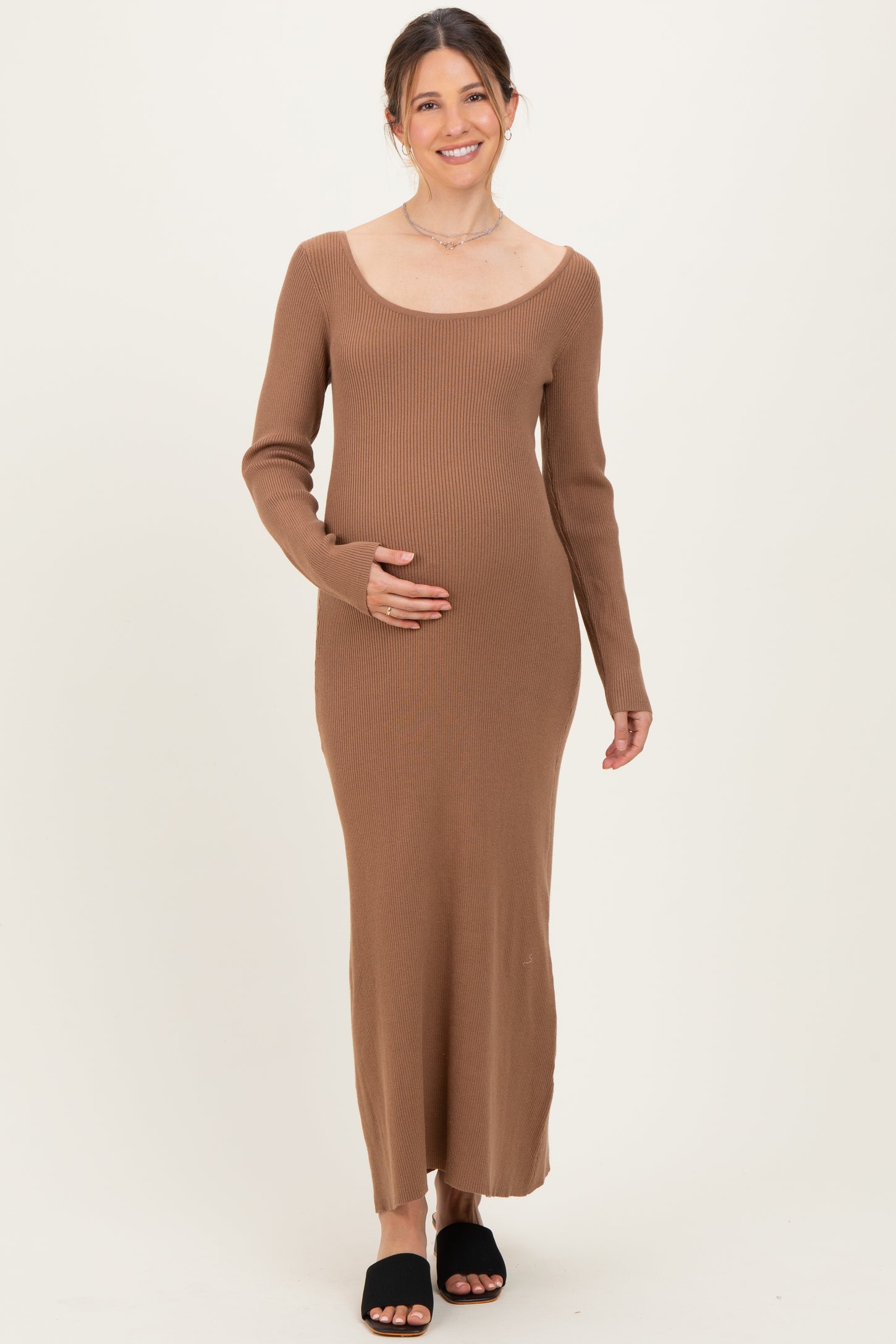 Mocha Rib Knit Back Cutout Maternity Midi Dress