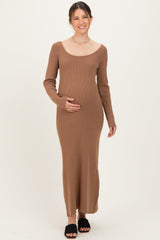 Mocha Rib Knit Back Cutout Maternity Midi Dress