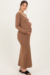 Mocha Rib Knit Back Cutout Maternity Midi Dress