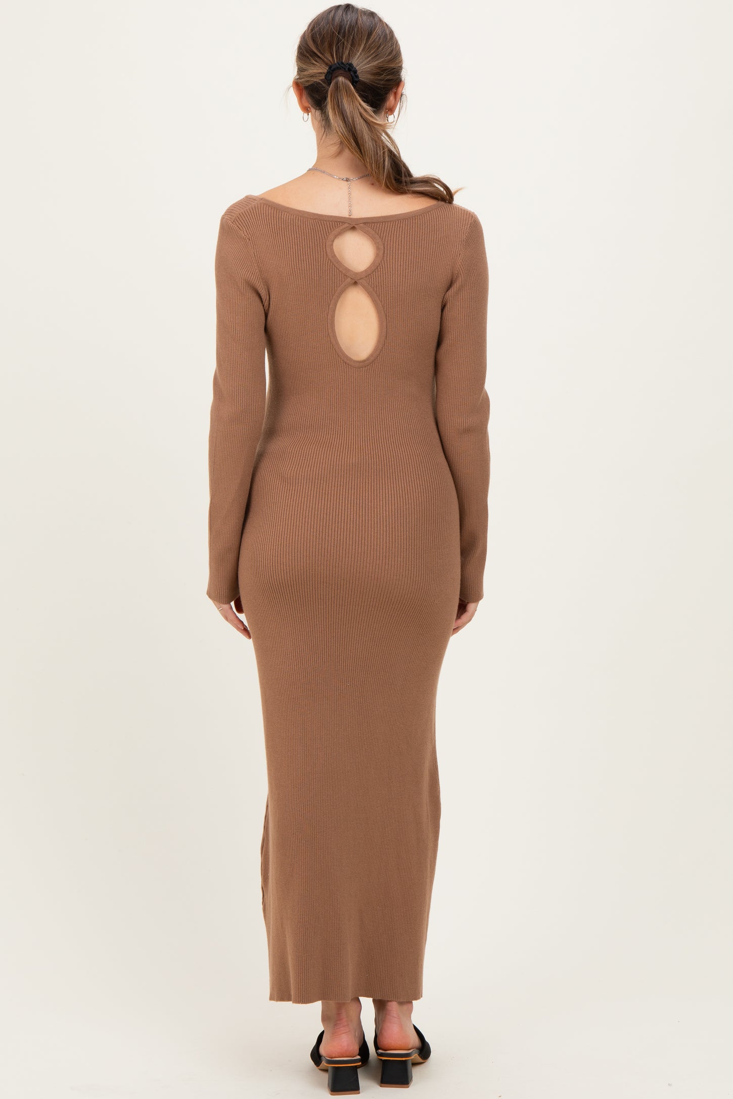 Mocha Rib Knit Back Cutout Maternity Midi Dress