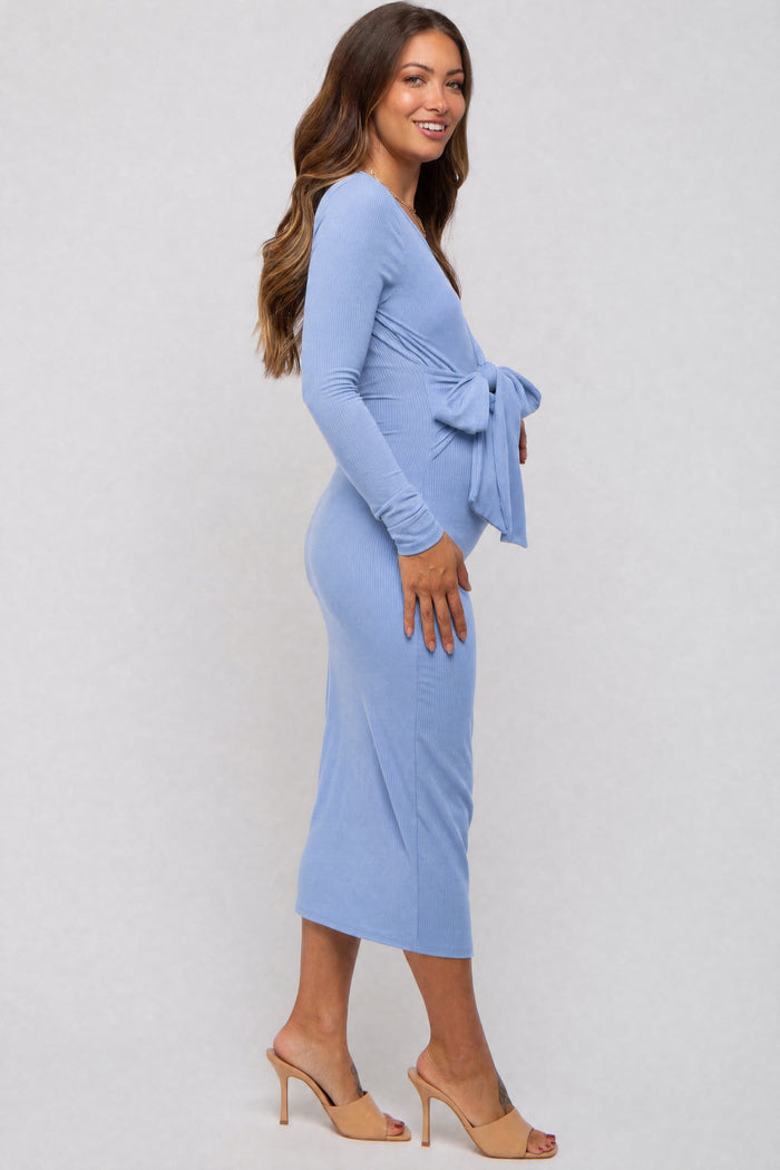 Blue Ribbed Long Sleeve Maternity Wrap Dress
