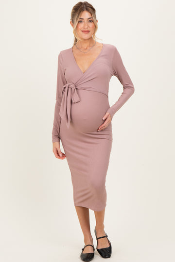 Mocha Ribbed Long Sleeve Maternity Wrap Dress
