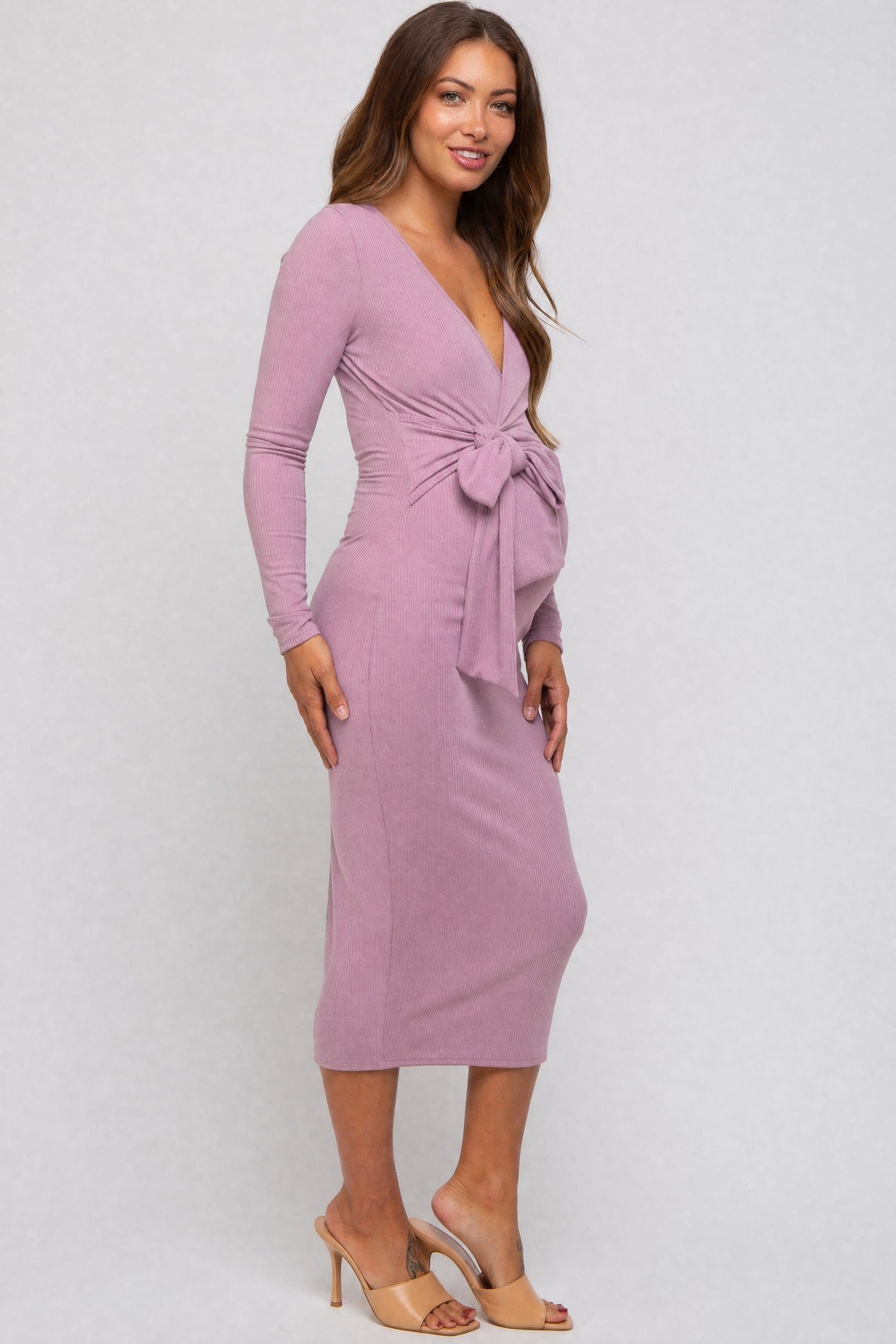 Plum Ribbed Long Sleeve Maternity Wrap Dress