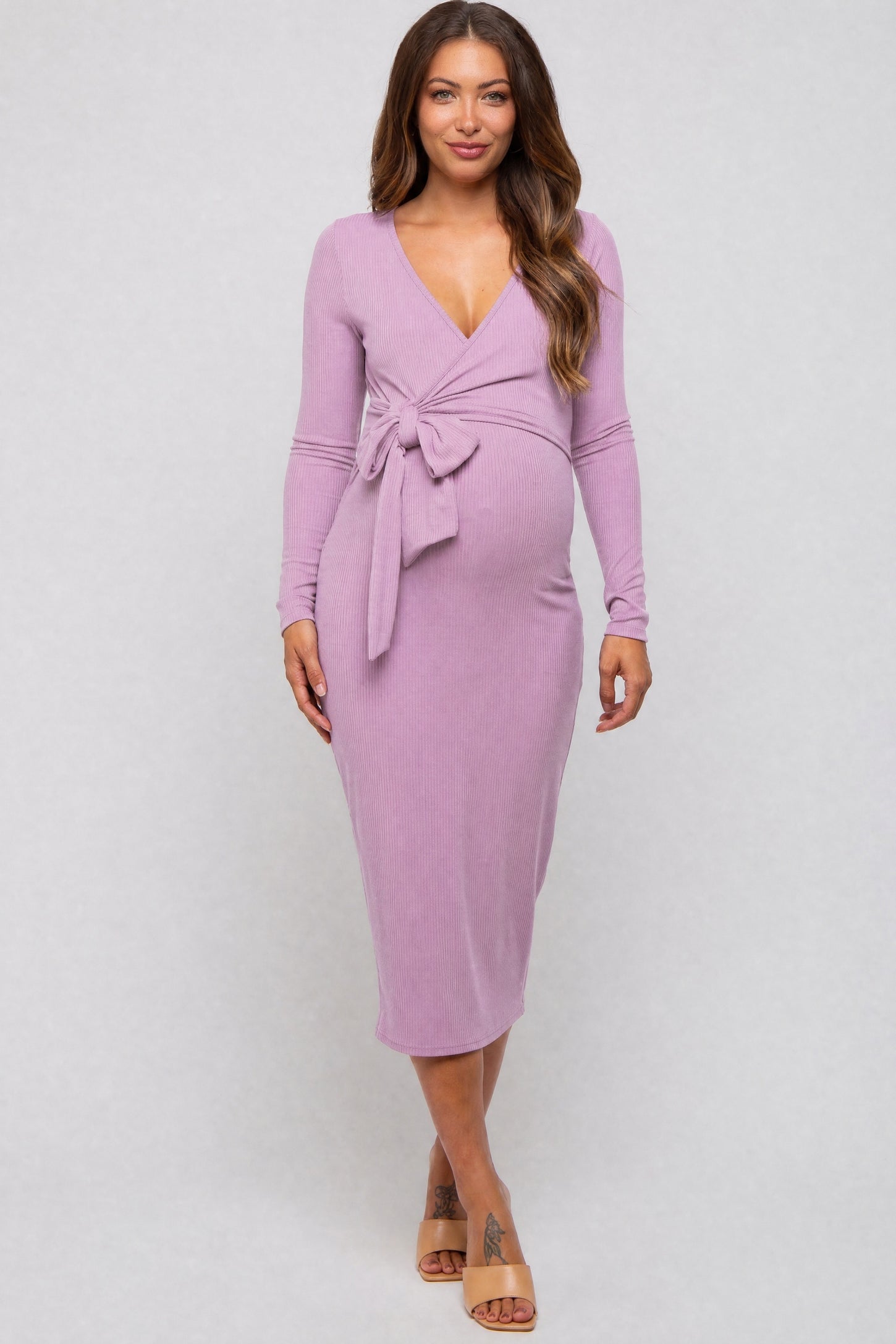 Plum Ribbed Long Sleeve Maternity Wrap Dress