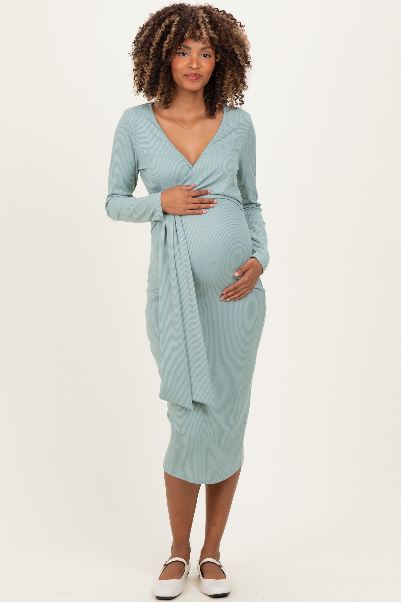 long sleeve casual maternity dress Long Sleeve Maternity Maxi Dress Grey Blue / X-Large