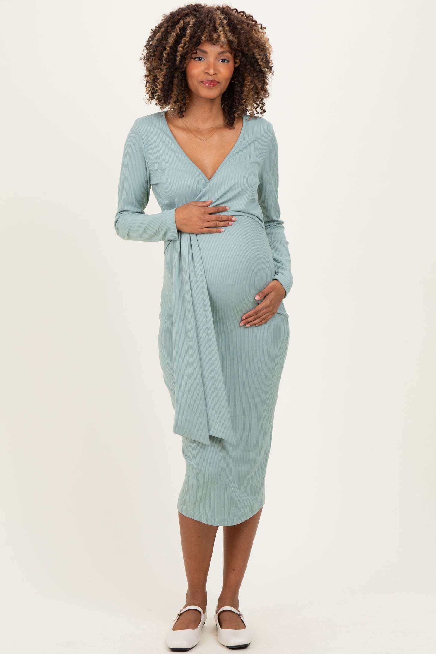 Sage Ribbed Long Sleeve Maternity Wrap Dress