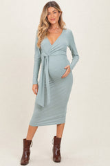 Sage Ribbed Long Sleeve Maternity Wrap Dress