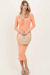 Salmon Ribbed Long Sleeve Squareneck Fitted Midi Dress
