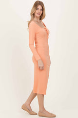 Salmon Ribbed Long Sleeve Squareneck Fitted Midi Dress