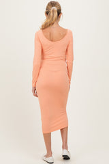 Salmon Ribbed Long Sleeve Squareneck Fitted Maternity Midi Dress