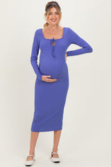 Blue Ribbed Long Sleeve Squareneck Fitted Maternity Midi Dress