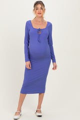 Blue Ribbed Long Sleeve Squareneck Fitted Maternity Midi Dress