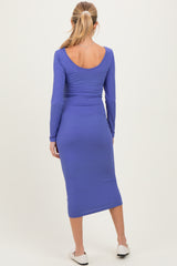 Blue Ribbed Long Sleeve Squareneck Fitted Maternity Midi Dress