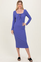 Blue Ribbed Long Sleeve Squareneck Fitted Maternity Midi Dress